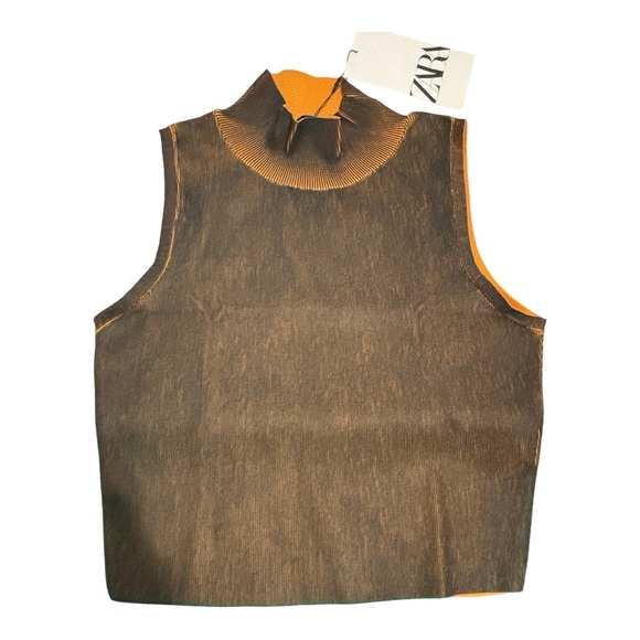 Zara Distressed Effect Knit Mock Neck Crop Top Black Orange Ribbed Sz Small - Picture 3 of 4